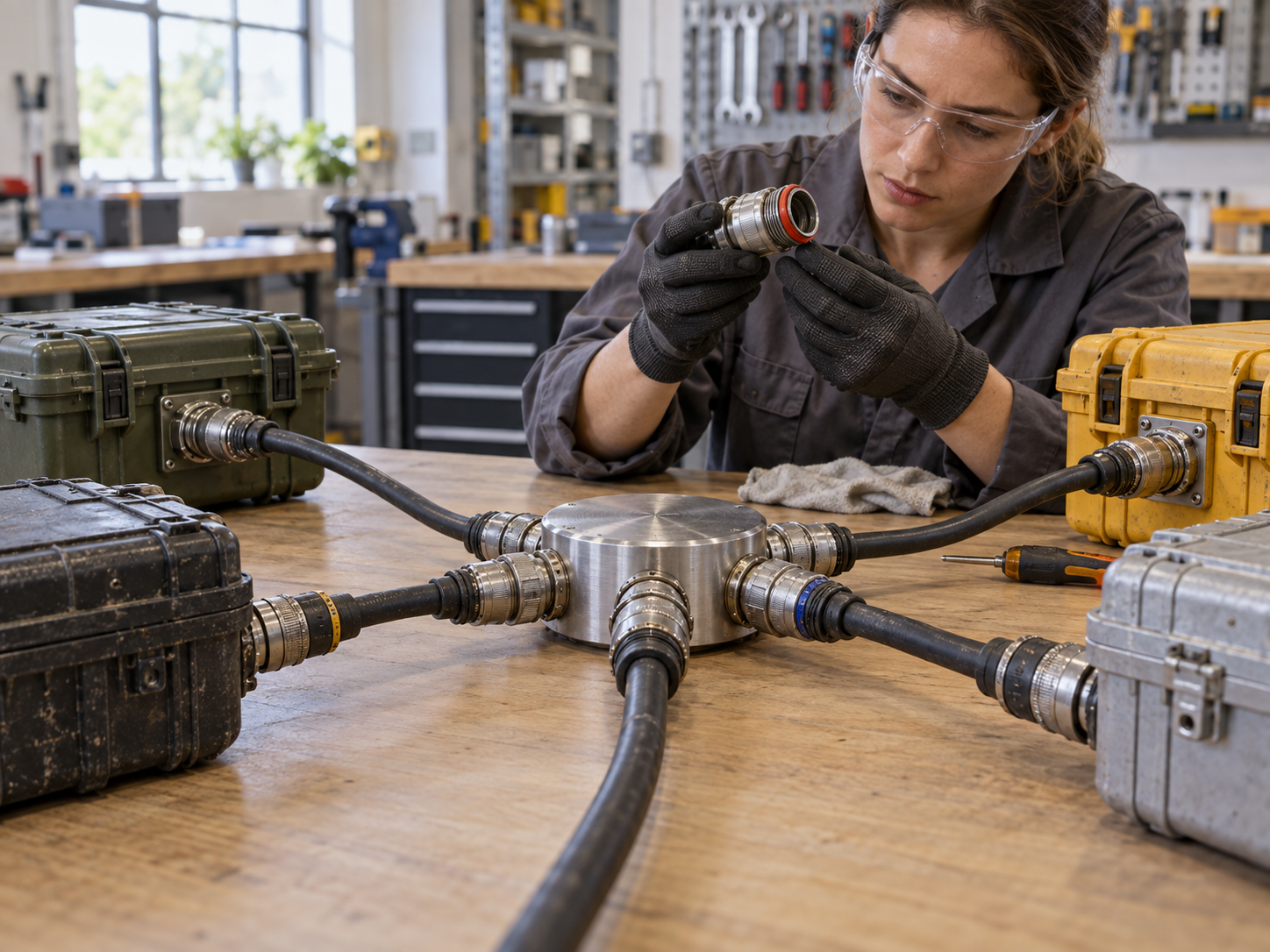 A technician inspects one of several standardized connectors linking a central metal hub to different equipment cases