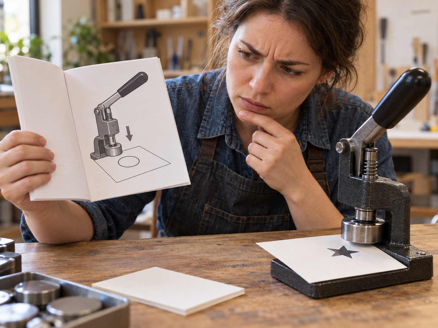 A puzzled technician compares a manual showing a circle with a tool that stamps a star